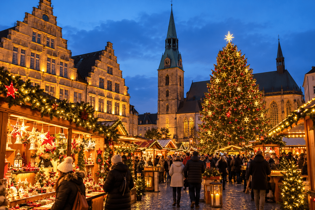 Festlich beleuchteter Weihnachtsmarkt mit großem Weihnachtsbaum, Holzhütten und Besuchern am Abend