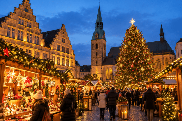Festlich beleuchteter Weihnachtsmarkt mit großem Weihnachtsbaum, Holzhütten und Besuchern am Abend