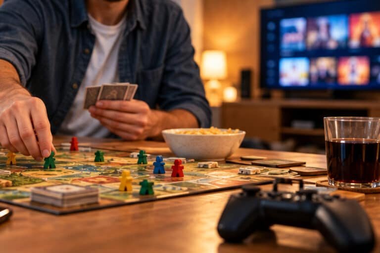 Freunde spielen gemeinsam ein Brettspiel, während ein Gaming-Controller und ein Fernseher die Verbindung zur digitalen Unterhaltung zeigen.