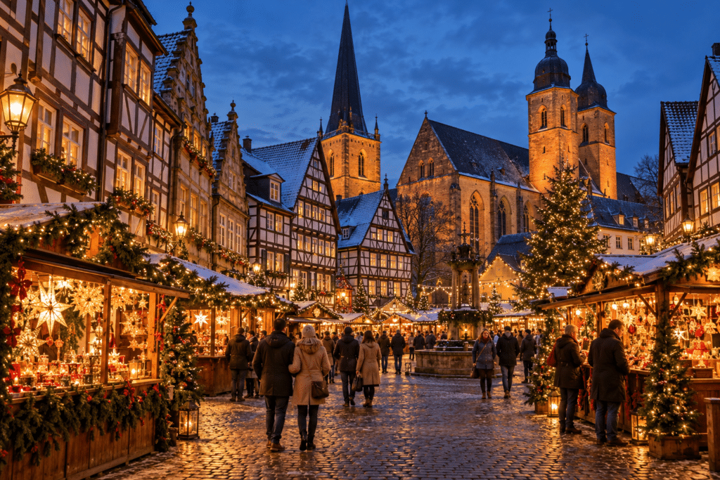Weihnachtsmarkt mit beleuchteten Holzhütten und Besuchern vor historischen Fachwerkhäusern und Kirchen am Abend