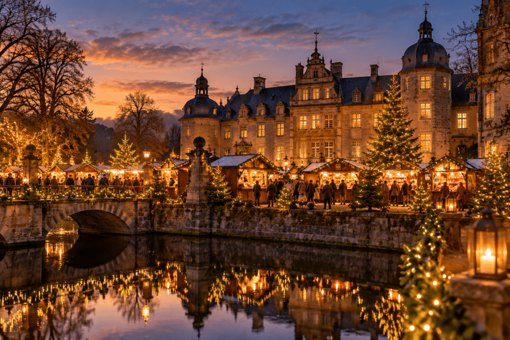 Festlich beleuchteter Weihnachtsmarkt vor einem historischen Wasserschloss mit Brücke und Spiegelungen im Wasser