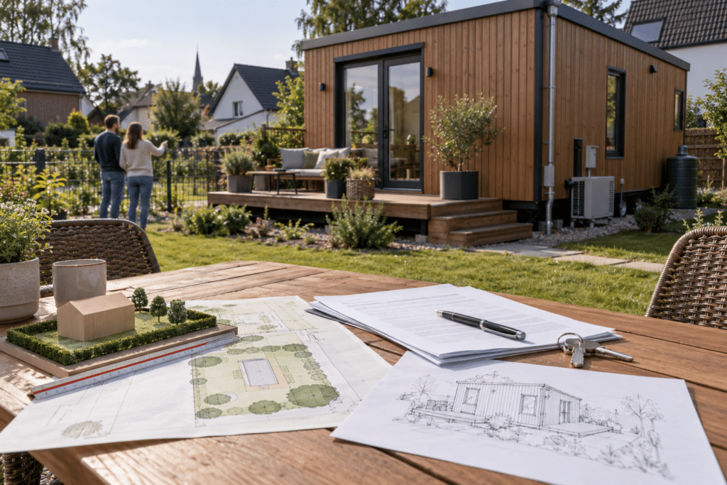 Tiny House mit Bauplänen, Grundstücksunterlagen und Schlüssel auf einem Tisch vor einem kleinen Wohnhaus