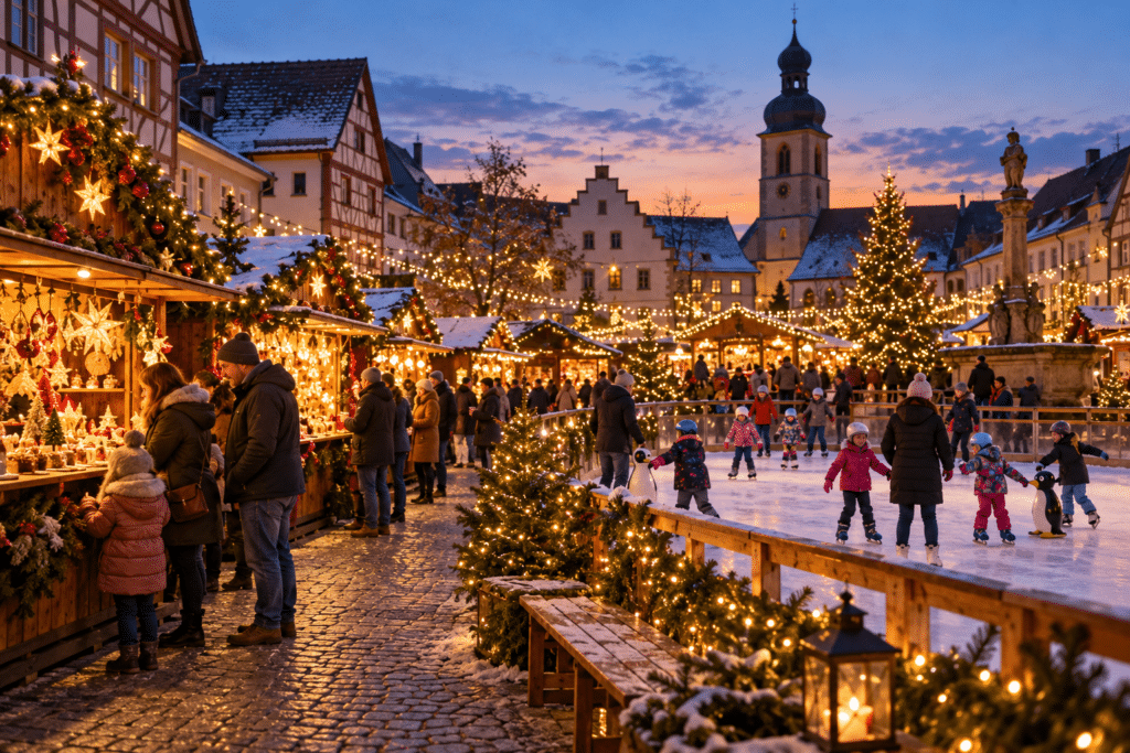 Familien mit Kindern auf einer Schlittschuhbahn neben festlich beleuchteten Weihnachtsmarktständen